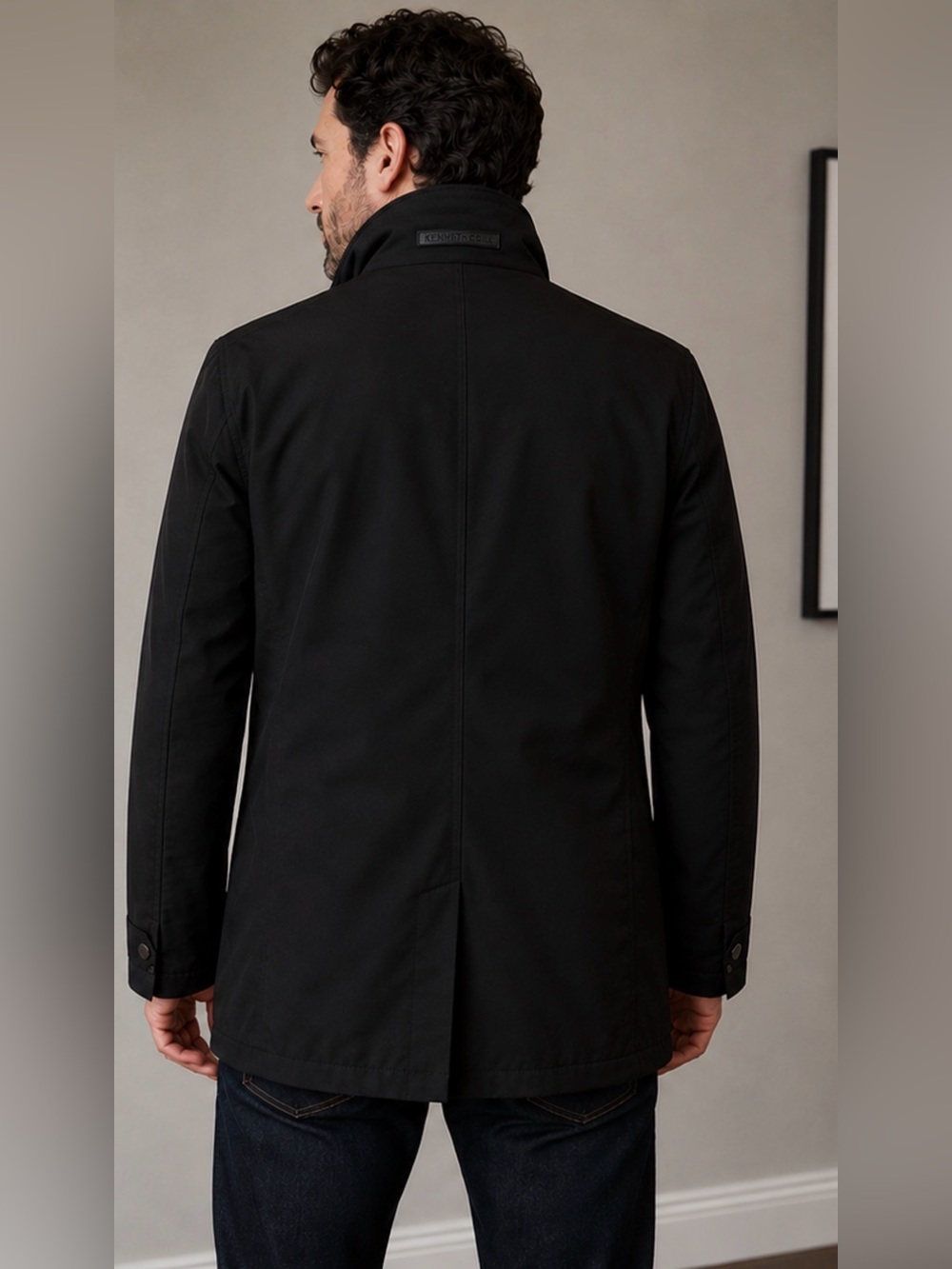 Kenneth Cole New York Black Trench Coat with Zip Chest Pocket - Picture 2 of 7